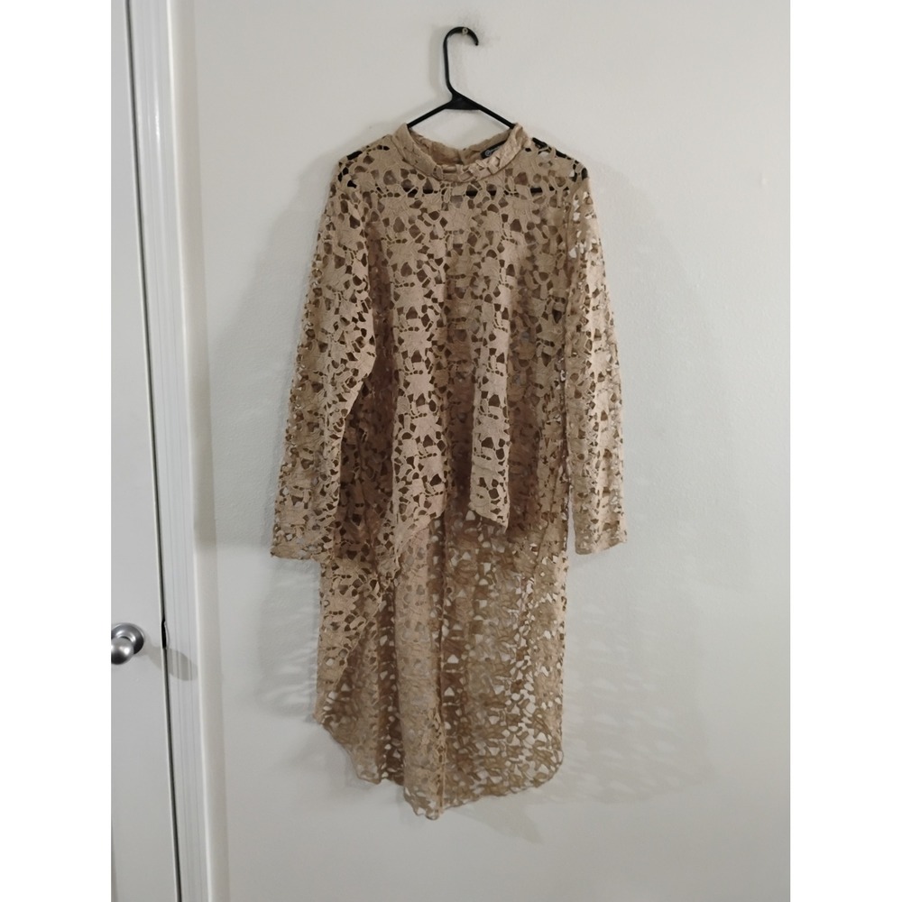 PrettyGarden Tan Lace High Low Tunic Mock Neck Long Sleeve Eyelet Blouse XL